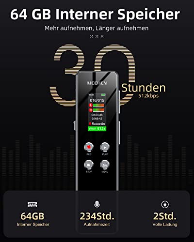 Audio-Recorder MECHEN 64GB Diktiergerät, Spracherkennung Diktafon