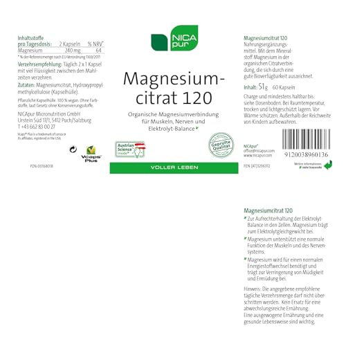 Magnesiumcitrat NICApur 120 – 60 Kapseln mit je 120 mg – vegan