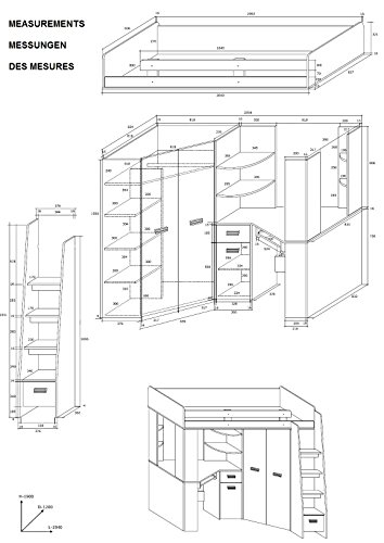 Hochbett FurnitureByJDM mit Schreibtisch, Regal u. Kleiderschrank