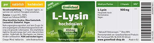 Lysin Greenfood L-, 450 mg, hochdosiert, 120 Kapseln, vegan