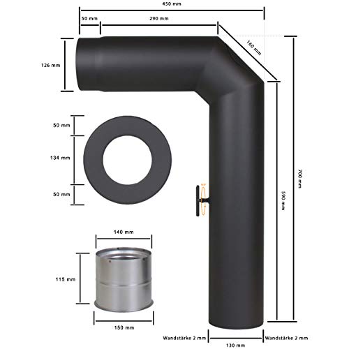 Ofenrohr LANZZAS Set 3tlg. mit Drosselklappe und Tür (2x 45°)