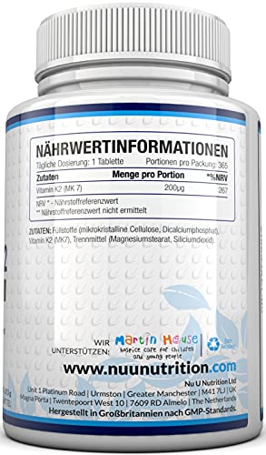 Vitamin K2 Nu U Nutrition MK7 200µg, 365 vegane Tabletten