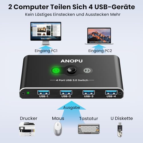 USB-Switch ANOPU USB Switch, Aluminium USB KVM Switch 2 PC