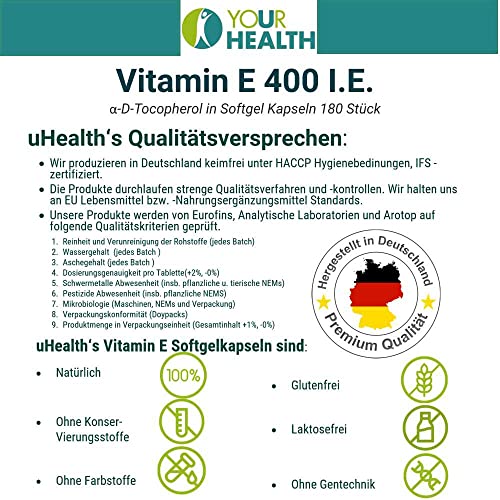 Vitamin E YOUR HEALTH uHealth 400 I.E., 180 Softgel Kapseln