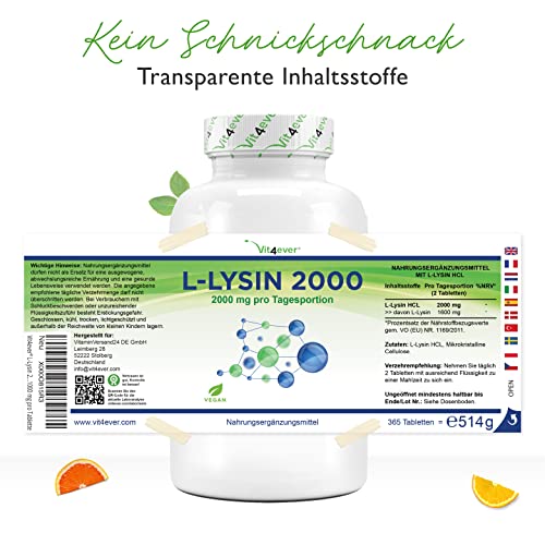 Lysin Vit4ever L- 2000-365 Tabletten, 1000 mg pro Tablette