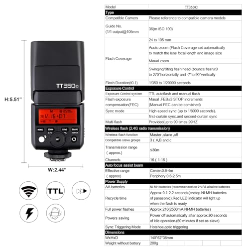 Blitzgeräte GODOX TT350C 2.4G HSS 1, 8000s TTL GN36 Kamera