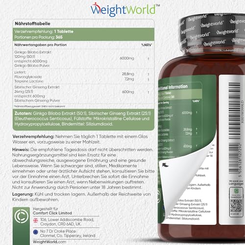 Ginkgo-Tabletten WeightWorld Ginkgo Biloba – 6600mg pro Dose