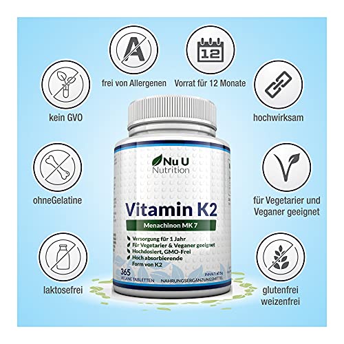 Vitamin K2 Nu U Nutrition MK7 200µg, 365 vegane Tabletten