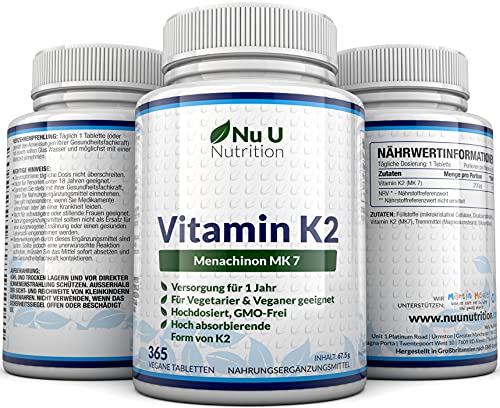 Vitamin K2 Nu U Nutrition MK7 200µg, 365 vegane Tabletten