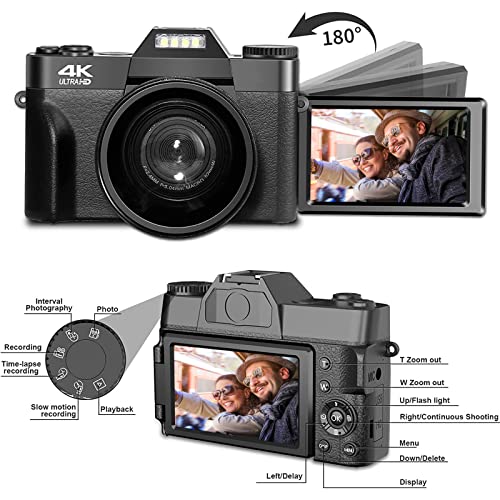 4K-Kamera CCN Digitalkamera 4K, 48MP Fotokamera mit 180° Flip 3.0″