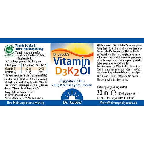 Vitamin D3 Dr. Jacob’s K2 Öl 20 ml Nahrungsergänzung