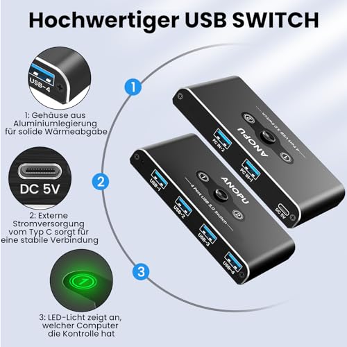 USB-Switch ANOPU USB Switch, Aluminium USB KVM Switch 2 PC