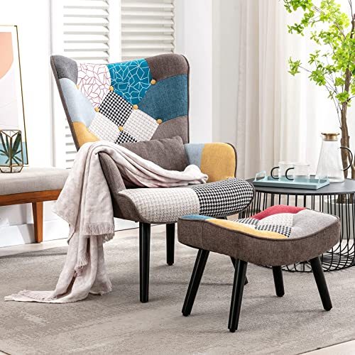 Ohrensessel HomeMiYN Relaxsessel mit Hocker Patchwork Sessel