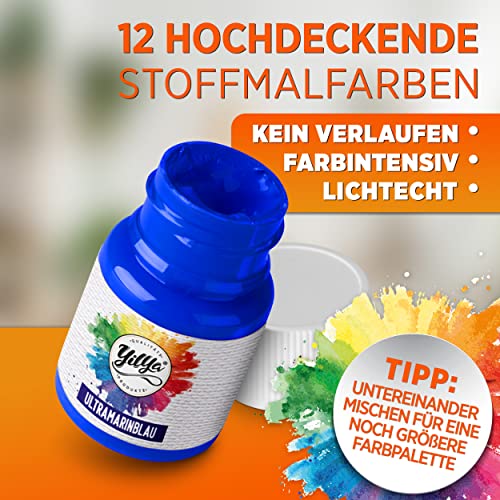 Textilfarbe YilYa, Set aus 12x hochpigmentierten Stoffmalfarben, 3x