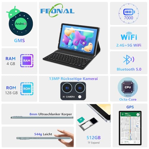 Tablet mit Tastatur FEONAL 2024 Neueste Tablet 10 Zoll,2-in-1 ,5G