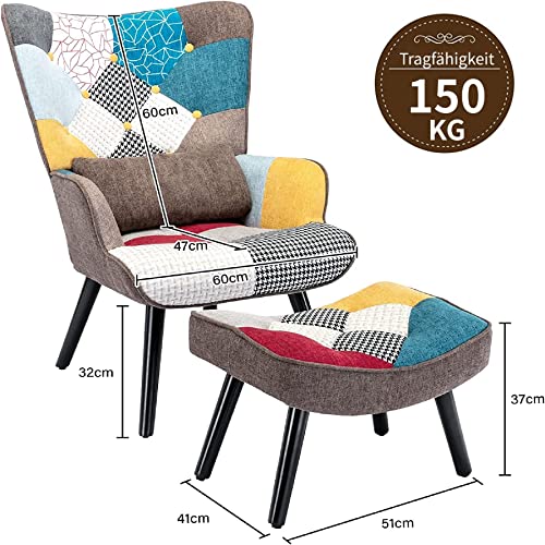 Ohrensessel HomeMiYN Relaxsessel mit Hocker Patchwork Sessel