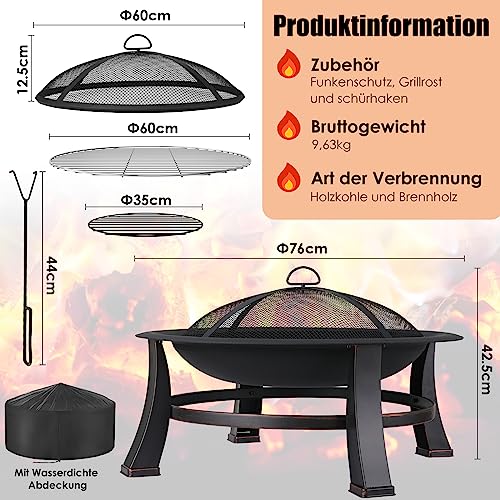 Feuerschalen TLGREEN Feuerkorb mit Funkenschutz, Φ76cm