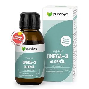 Olio di alghe Purabyo liquido Omega 3 VEGAN in un bicchiere