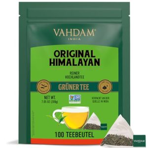 Groene thee VAHDAM uit Himalaya, 100 piramidevormige theezakjes