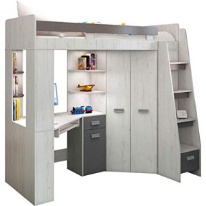 Lit mezzanine FurnitureByJDM avec bureau, étagère et armoire