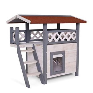 Lionto Lodge wooden cat house for cats with terrace and stairs
