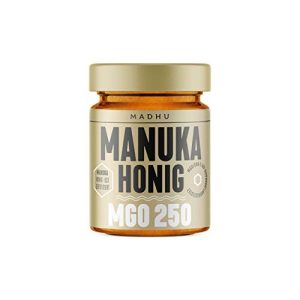 Manuka honning Madhu PureRawHoney MGO 250 i en krukke