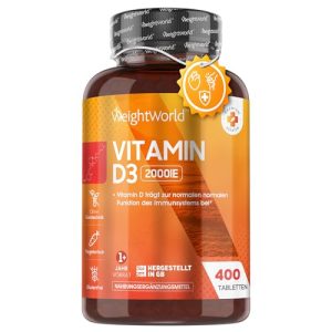 Tabletas de vitamina D WeightWorld Vitamina D3 2000 UI, 400 tabletas.