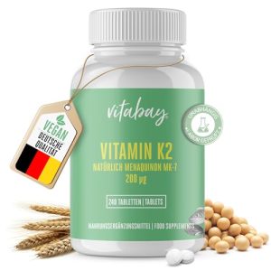 فيتامين ك2 فيتاباي، جرعة عالية 200 ميكروجرام (ميكروجرام)، نباتي، 240 قرص.