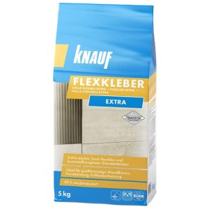 Colla per piastrelle Knauf Flexkleber eXtra, 5 kg, polvere ridotta al 90%.