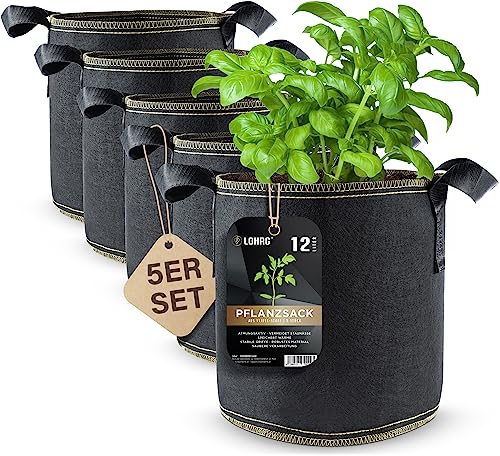 Plantetaske DIYer lohag® Premium non-woven stof - 12 liter, pakke med 5