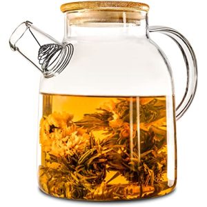 Teekannen Cosumy Teekanne Glas 1,5 Liter mit Deckel aus Bambus