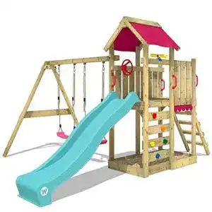 Spielturm wickey klettergeruest multiflyer mit pinker schaukel