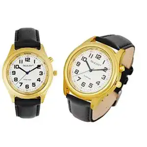 Sprechende armbanduhr talkjoy lederband damen goldene uhr