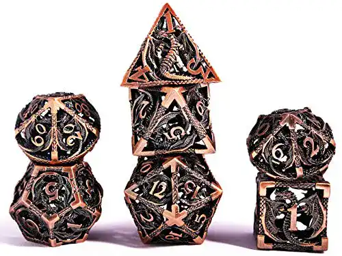 DnD Würfel Set für Rollenspiele mit Drachenmuster aus Kupfer