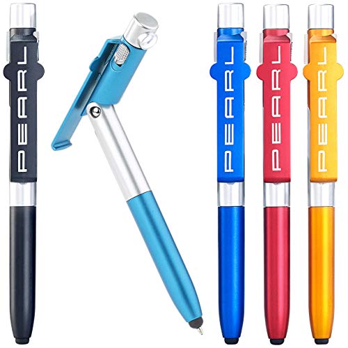 Kugelschreiber PEARL mit Licht: 4in1- mit LED-Lampe, Touchpen