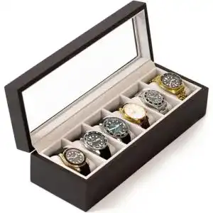 Uhrenbox case elegance edle aus echtholz fuer 6 uhren mit glasfenster