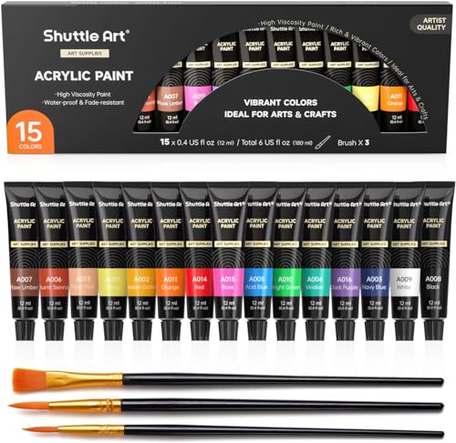 Acrylfarben Shuttle Art Set, 15 Acrylfarbe (je 12 ml) mit 3 Pinseln