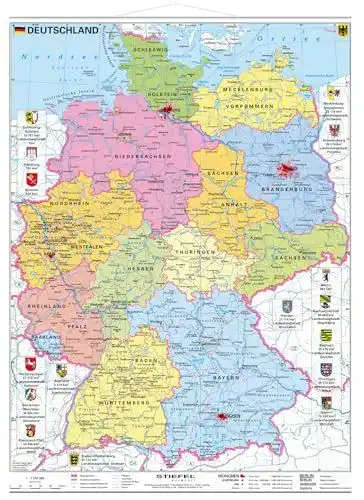 Politische Deutschlandkarte mit Wappen und Metallbeleistung