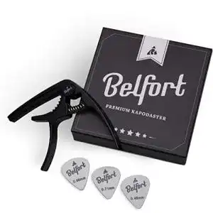 Kapodaster belfort original quickpitch fuer gitarre 3 plektren