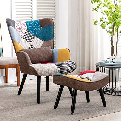 Ohrensessel HomeMiYN Relaxsessel mit Hocker Patchwork Sessel