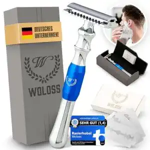 Reiserasierer woloss rasierhobel herren set premium silber blau