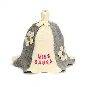 Saunahut natural textile miss sauna flowers white grey