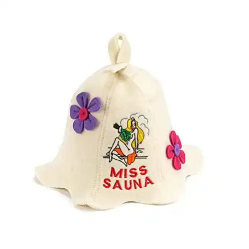Saunahut aus Naturtextil „Miss Sauna Flower“ in Weiß