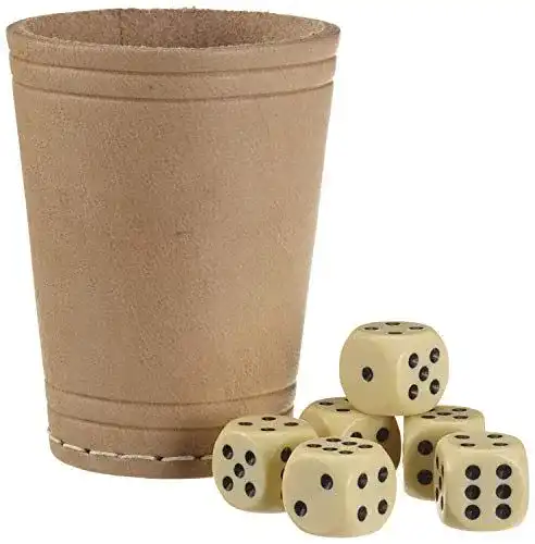 Lederwürfelbecher mit 6 Würfeln im Polybag für Würfelspiele