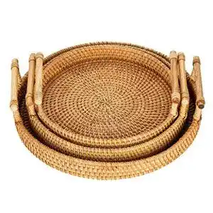 Serviertablett sziqiqi rattan mit griffen 3er set handgewebtes