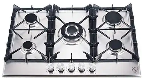 Gaskochfeld 75 cm Edelstahl mit 5 Zonen und Wokbrenner