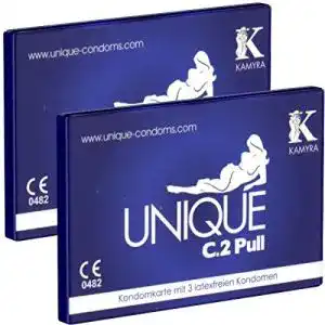 Latexfreie kondome kamyra unique c 2 pull condom card blau