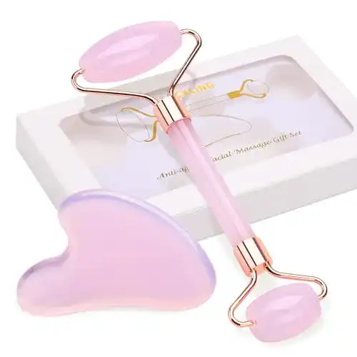 Rosenquarz Roller und Gua Sha Set für Gesichts- und Hautpflege