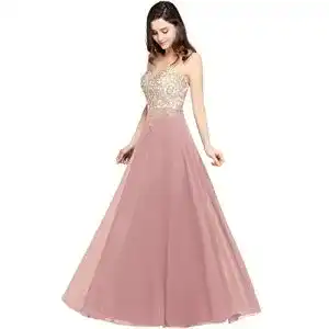 Abendkleid lang Misshow mit Blumenapplikationen in tiefem Rosa