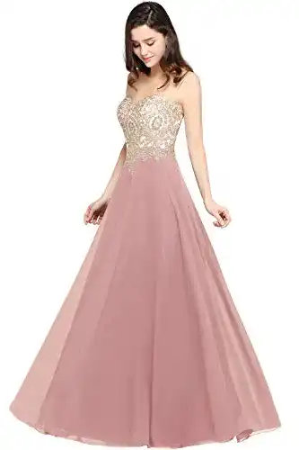 Abendkleid lang Misshow mit Blumenapplikationen in tiefem Rosa